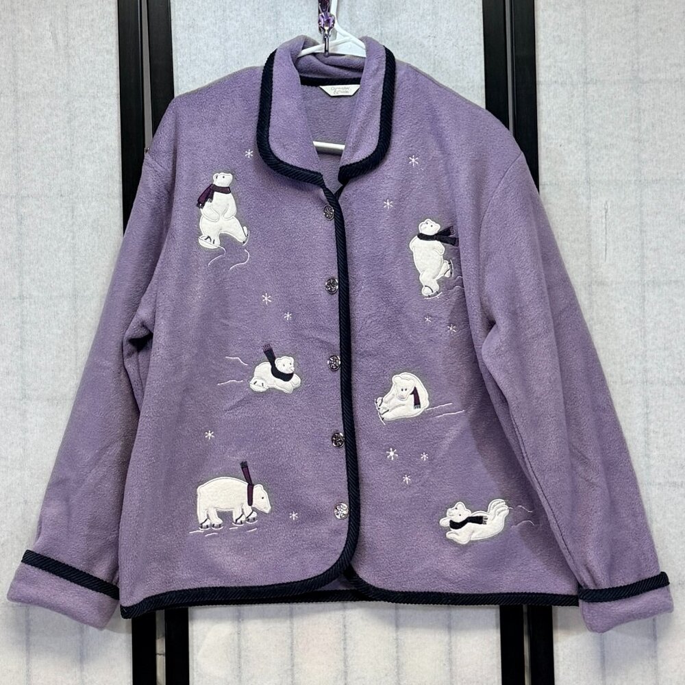 Christopher & Banks Purple Polar Bear Embroidered L Button Up Fleece Jacket NWT